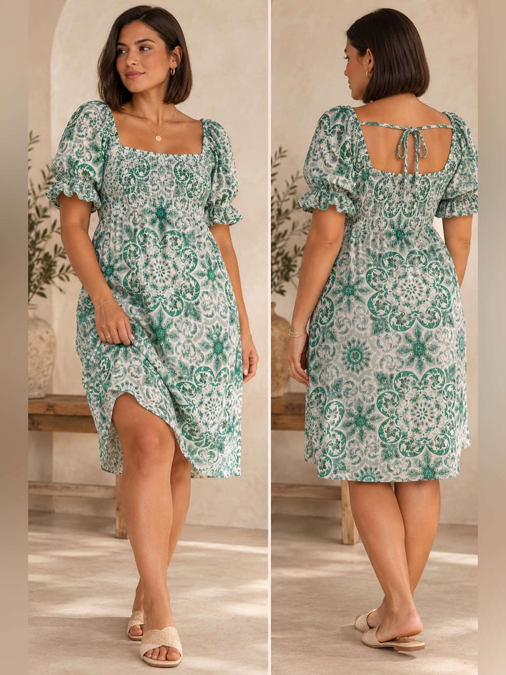 By Anthropologie | Green Medallion Smocked Puff Sleeve Midi Dress - Size XL
